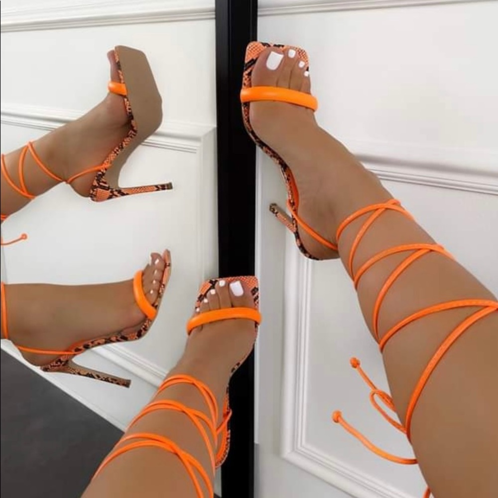 SIMMI LONDON Karis Orange Faux Snake Print Padded Strap Lace Up Heels